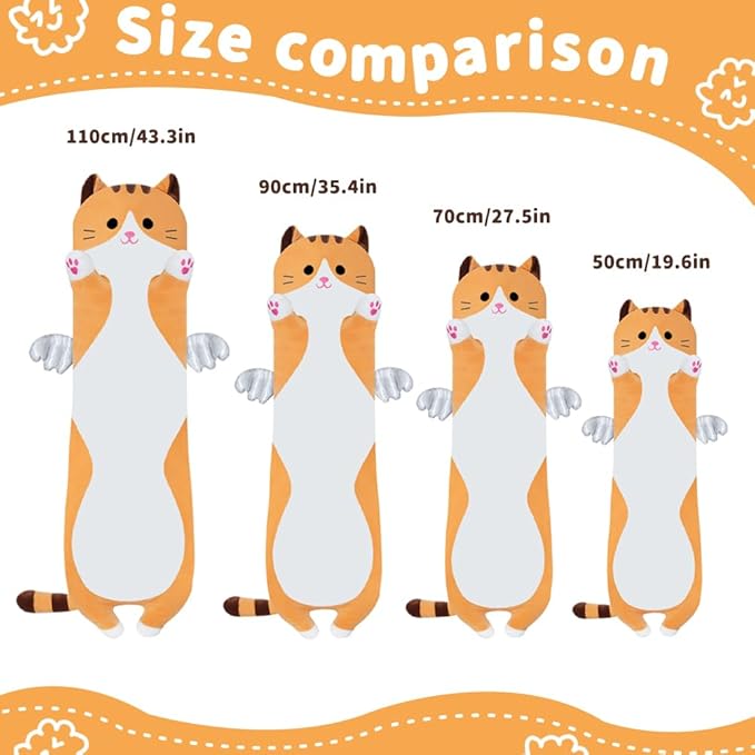 Long Plush Toy Cat Pillow Cute Plush Cat Toy Doll Stuffed Animal Cat Hugging Pillow for Sleeping Gift for Kids and Girls(Yellow,90cm/35.4in)