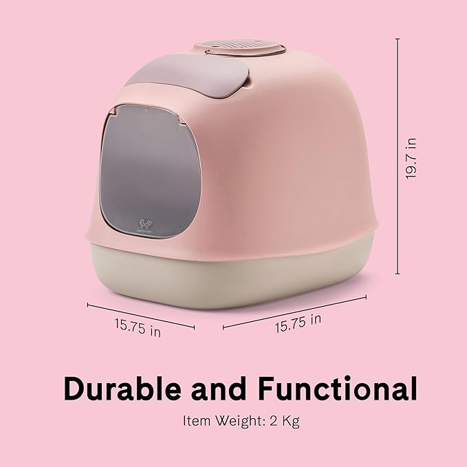 United Pets Minu Hooded Cat Litter Box | Includes Scoop and Filter | Top Entry Litter Box with Paw Pad and Refillable Plastic Bags | Crafted in Italy | 40 x 40 x h50 CM - Pink/Grey