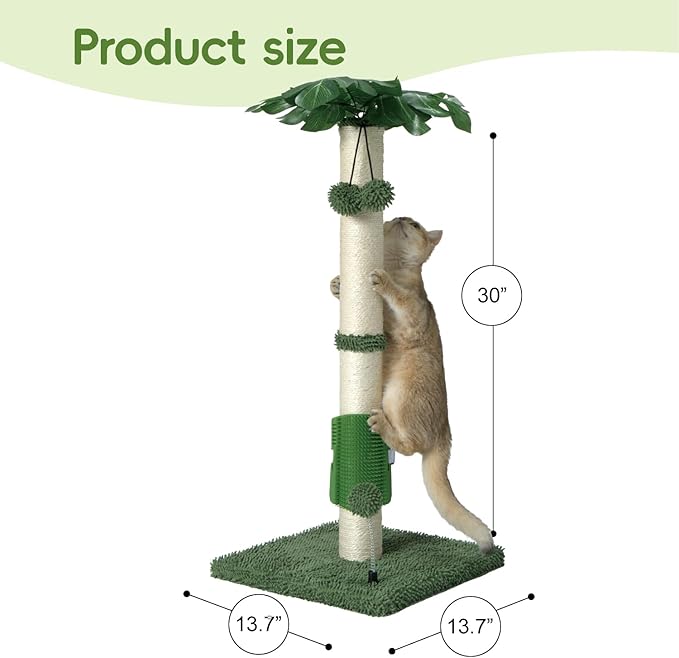 MECOOL Cat Scartching Post,30-inch Cute Scartching Posts for Indoor Cats and Kittens,Natural Sisal Rope and Hanging Ball Toy, Self-Grooming Brush,Green