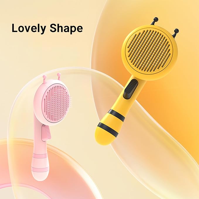 Bee Cat Brush, Self Cleaning Cat Brush with Release Button, Cat Hair Brush for Shedding, Pet Grooming Brush for Short and Long Haired Cats Dogs (Yellow)