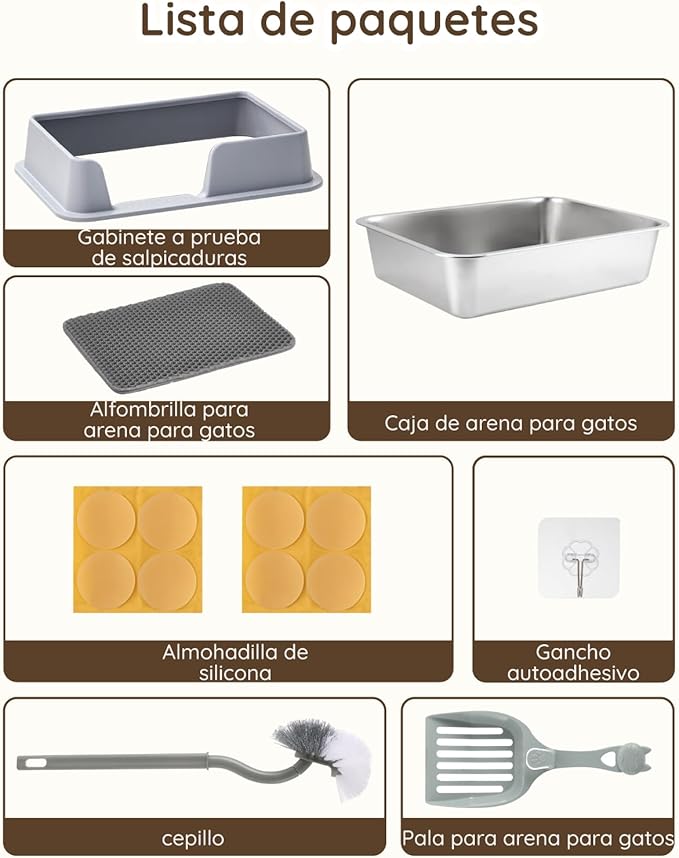 Stainless Steel Litter Box - Cat Metal Litter Box with Splash-Proof Lid, Easy Cleaning & Odor-Less Stainless Steel Cat Litter Box with Double Layer Litter Mat, Litter Scoop, Brush, 20” x14”