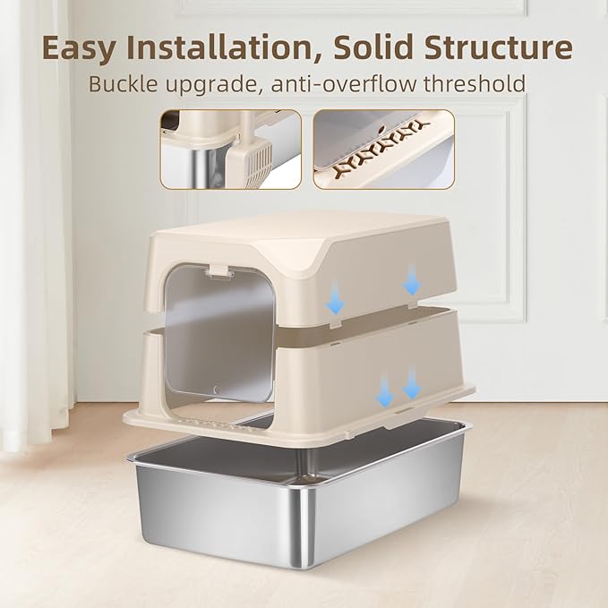 Stainless Steel Cat Litter Box with Lid, Extra Large Litter Box, Great for Large & Small Cat, Easy to Clean, Anti-Leakage, Non-Sticky, Multifunctional 2 in-1 Metal Cat Litter Box - Beige