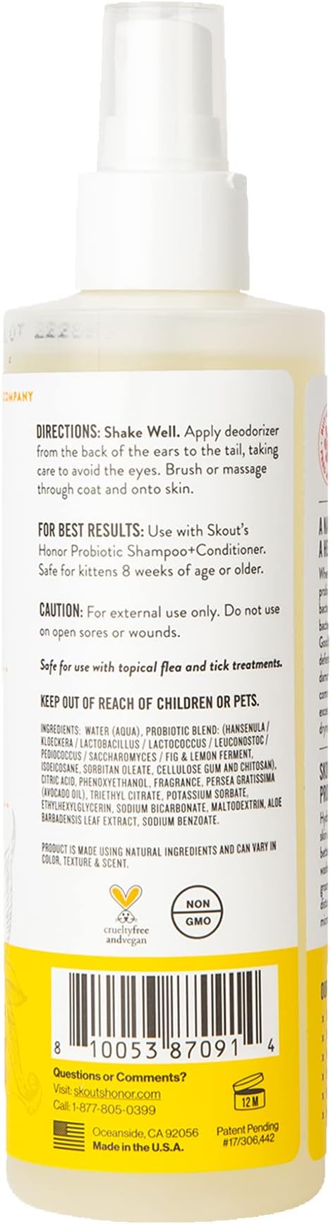 SKOUT'S HONOR Cat Deodorizer Spray- Hydrating Daily-Use with Avocado Oil & Omega-3s, Paraben & Sulfate-Free, 97% Natural, 8oz, Honesuckle