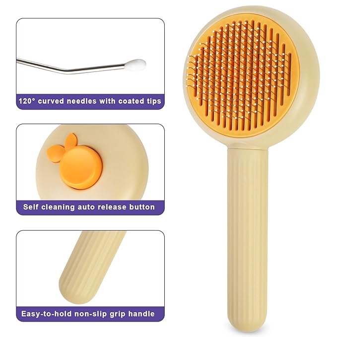 Self-Cleaning Slicker Brush for Dogs & Cats - Efficiently Removes Shedding Hair, Tangles, and Mats - Suitable for Long & Short Haired Pets - with Skin-Friendly Massage Tips - Apricot