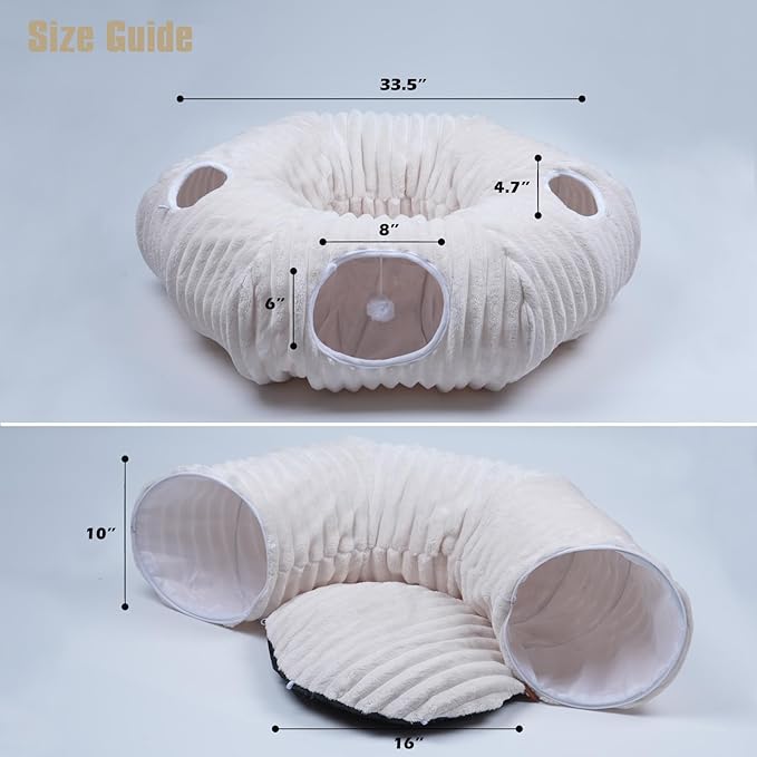 Cat Tunnel Bed,Cat Tunnel Bed with Soft Central Cat Couch,Cat Toys for Indoor Cats,Collapsible Peekaboo Cat Cave,Cat Donut Tunnel and Kitty Toy Set(White Stripe,Donut)