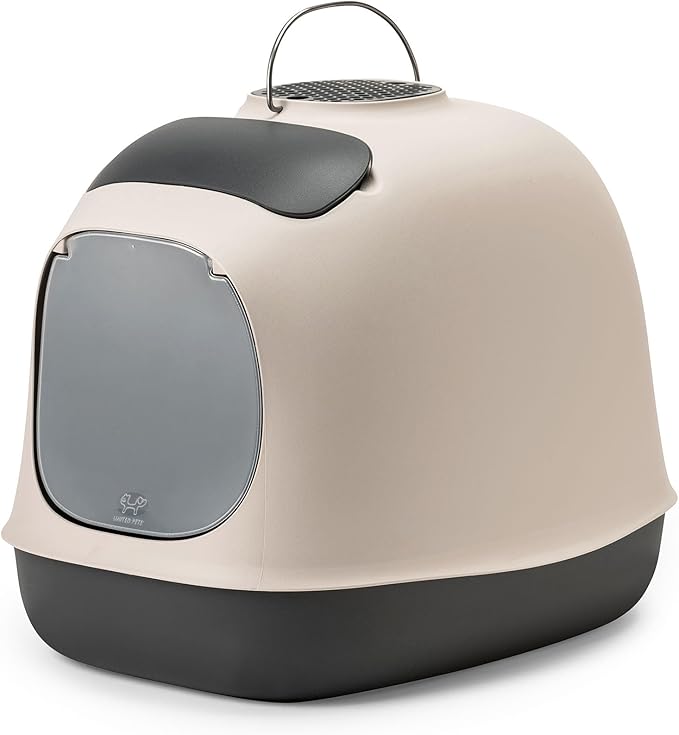 United Pets Minu Hooded Cat Litter Box | Includes Scoop and Filter | Top Entry Litter Box with Paw Pad and Refillable Plastic Bags | Crafted in Italy | 40 x 40 x h50 CM - Taupe/Grey