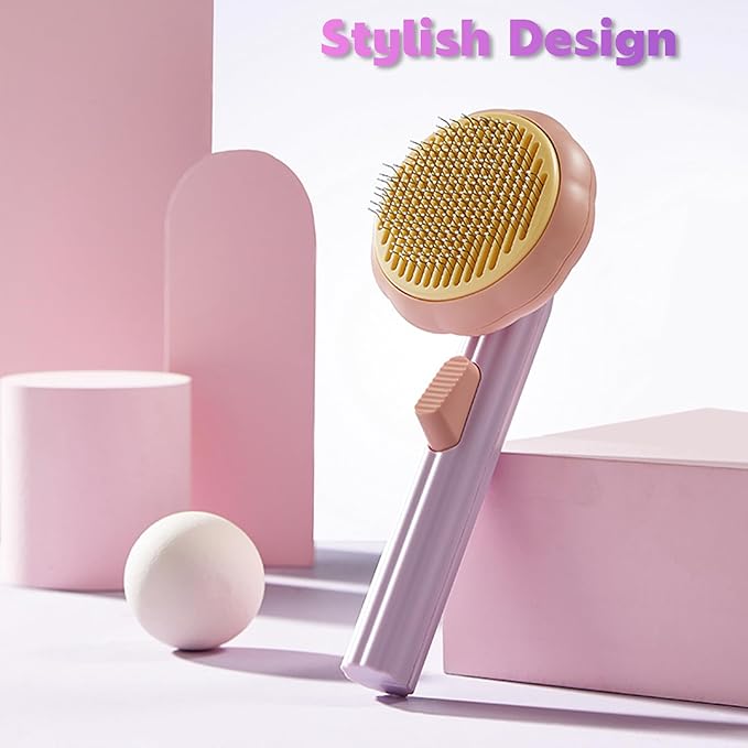 Pumpkin Cat Brush, Self Cleaning Cat Brush with Release Button, Cat Hair Brush for Shedding, Pet Grooming Brush for Short and Long Haired Cats Dogs (Purple)