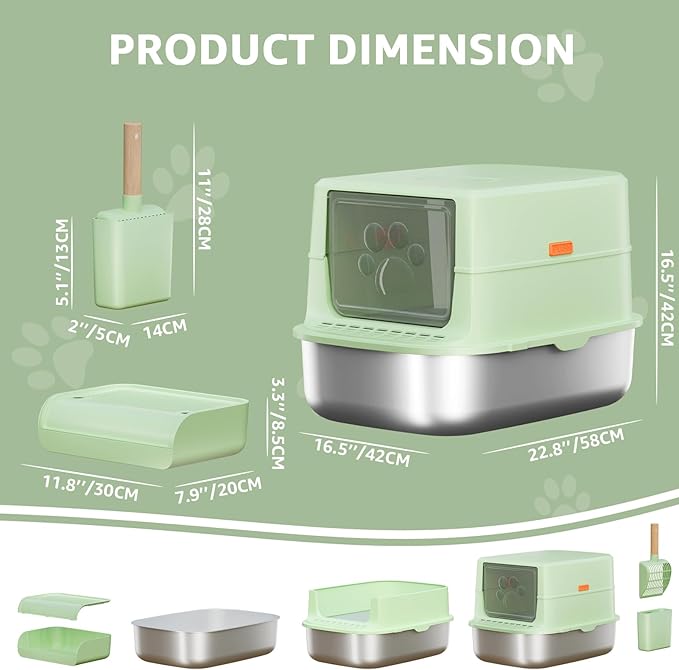 Enclosed Stainless Steel Cat Litter Box with Lid, XL Extra Large Litter Box for Big Cats Multi-Cats with High Sided Enclosure & Scoop, Odor-Free,Anti-Leakage, Non-Sticky, Easy Cleaning (D-Green)