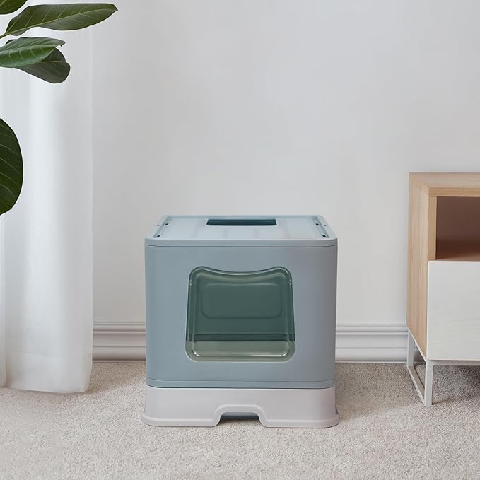 Foldable XL Cat Litter Box with Lid, Jumbo Enclosed Cat Potty, Top Entry Anti-Splashing Cat Toilet, Easy to Clean Including Cat Litter Scoop and 2-1 Cleaning Brush (Blue) Extra Large
