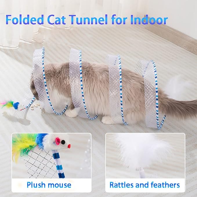 Folded Cat Tunnels for Indoor Cats, Cat Donut Tunnel, Cat Play Tunnels, Folded Cat Tunnel Spring,Cat Toy for Indoor Cats,Cat Toys Interactive for Indoor Cats(Blue)