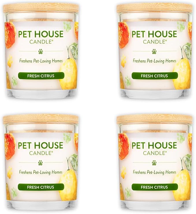 One Fur All Pet House Fresh Citrus Candles Plant-Based/Soy Candle - Clean Burning Scented Candles, Long Lasting Pet Odor Candle for Home - 4 Pack