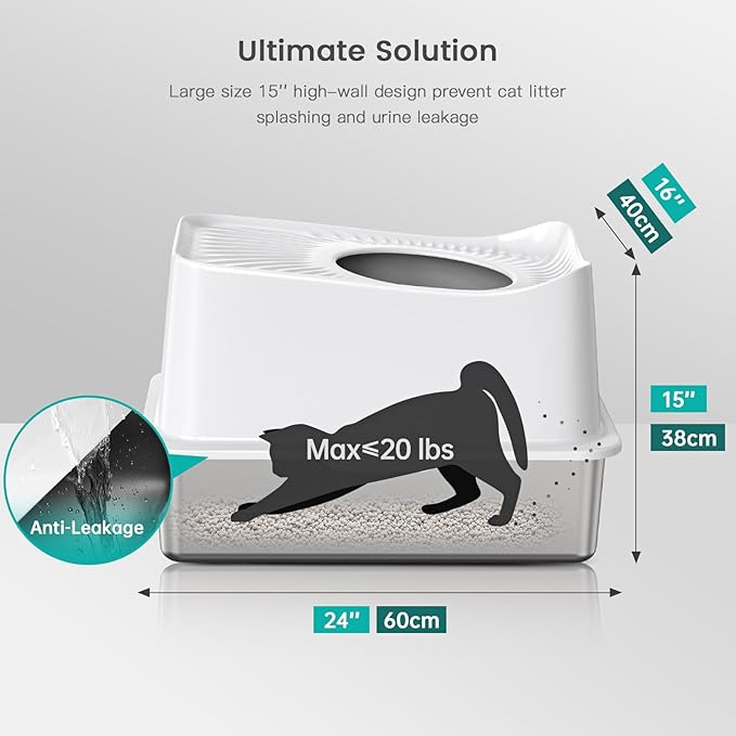 Stainless Steel Cat Litter Box, Large Top Entry Litter Box for Big Cats, Enclosed Kitty Litter Box with Lid, Metal Cat Litter Box Never Absorbs Odors, Easily Cleaning, Include Scoop