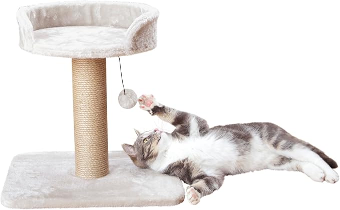 TRIXIE Mica Cat Scratching Post 18.1 Inch - Cat Scratcher with Soft Fabric Covering Base and Durable Sisal Rope - with Padded Platform & Dangling Cat Toy - in Greige
