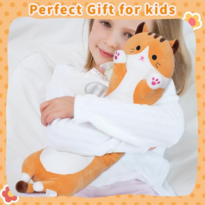 Long Plush Cat Pillow, Cute Plush Cat Toy Doll, Stuffed Animal Cat, Hugging Pillow for Sleeping, Gift for Kids and Girls (Yellow, 70cm/27.5in)