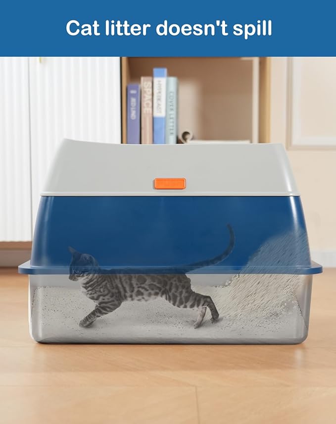 XL Stainless Steel Enclosed Litter Box with Covered, High Sides, Eliminates Odors, Hooded Cat Litter Box, Easy Clean, Extra Large Metal Litter Box with lid for Indoor Cats, Blue, FOXORU