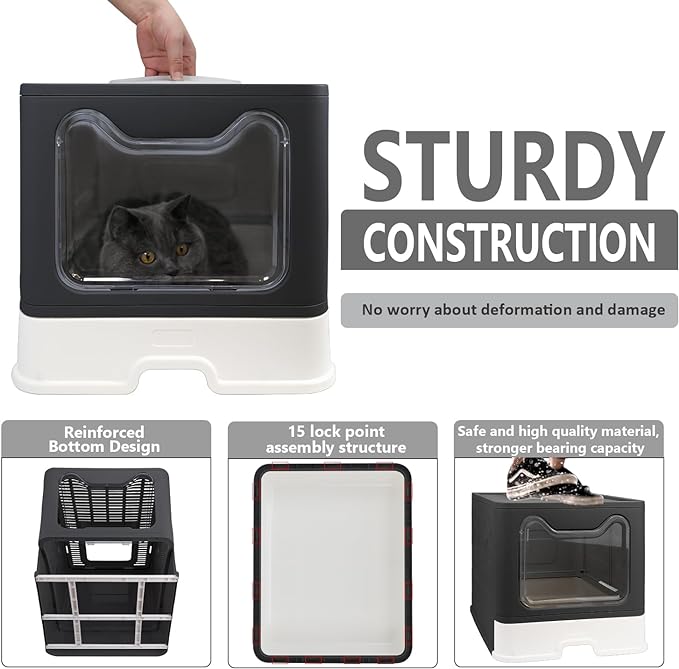 Foldable Cat Litter Box with Lid, Enclosed Cat Potty, Top Entry Anti-Splashing Cat Toilet, Easy to Clean Including Cat Litter Scoop and 2-1 Cleaning Brush (Black) Large