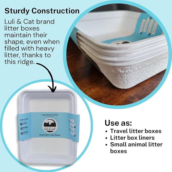 Luli & Cat Disposable Litter Boxes for Cats | Large Sized White Colored 4-Pack | Durable and Water Resistant
