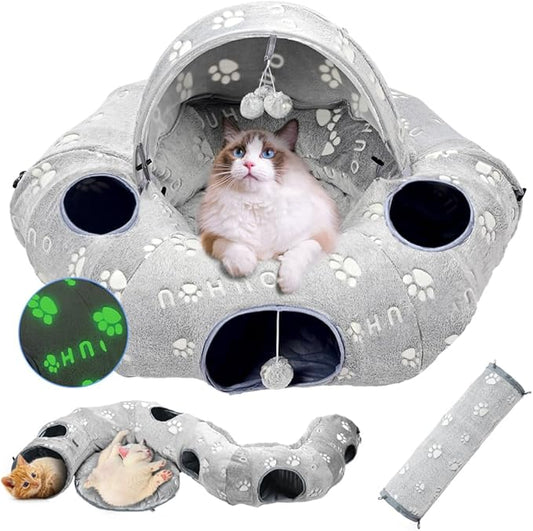 Cat Tunnel Bed, Cat Tunnels for Indoor Cats, Cat Donut Tunnel Toy with Washable Circle Cushion, Straight Shaped Tunnel, 4 Fluffy Balls, Blackout Tent, Self-Luminous Cat Toys(Grey)