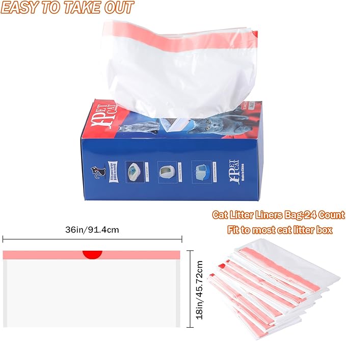 Jumbo Cat Litter Box Liners with Drawstring, 24 Count Extra Thick and Durable Litter Box Liner Bag Disposable Waste Bags for Home/Kitchen Trash Cans (36" x 18")