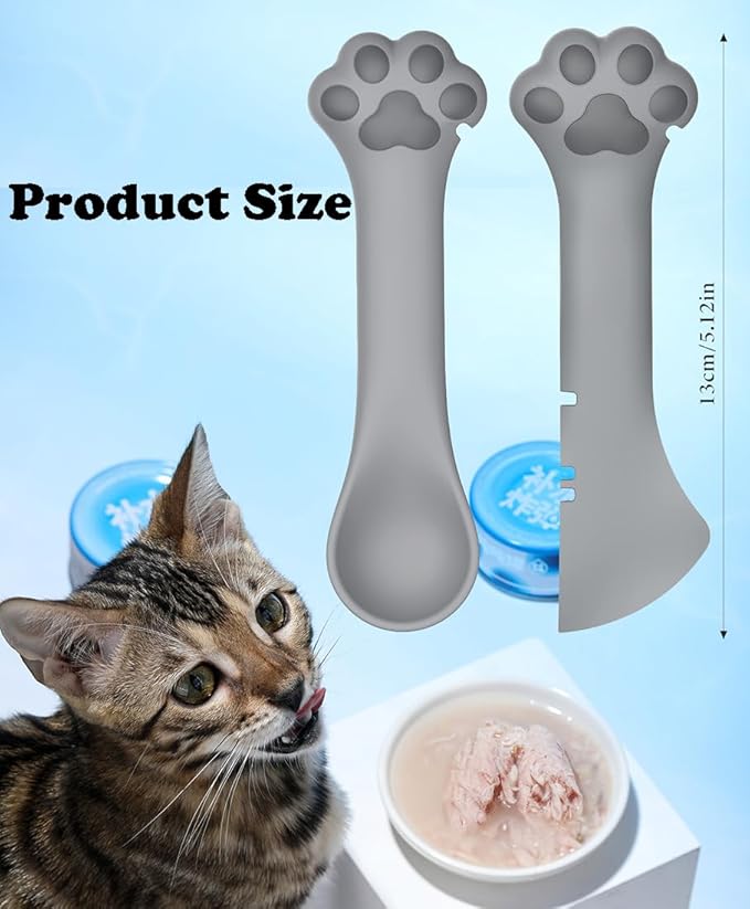 2 Pack Dog Cat Food Spoon Spatula, Cute Paw Pet Can Opener Mixing Spoons for Dog Cat Wet Food, Small Silicone Spatula Cat Treat Spoon Pet Cannd Food Scoop for Dog Cat, Grey