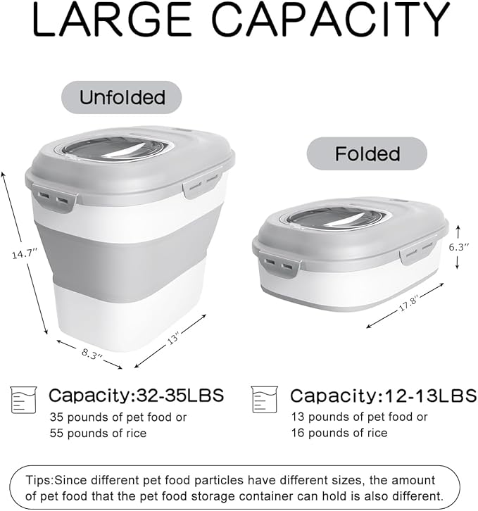 35LBS Collapsible Dog Food Storage Container, Pet Dog Pantry Large Containers Bin with Wheels,Scoop & 2pcs Food Storage Containers, Kitchen Cereal Flour Rice Leakproof Dry Holder-Grey