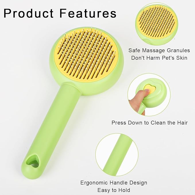 Self-Cleaning Pet Grooming Brush for Dogs & Cats, Effortlessly Removes Loose Hair, Tangles, and Mats - Ideal for Long & Short Hair Pets - Ergonomic, Skin-Friendly Design with Massage Particles Green