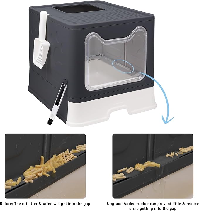 Foldable Cat Litter Box with Lid, Enclosed Cat Potty, Top Entry Anti-Splashing Cat Toilet, Easy to Clean Including Cat Litter Scoop and 2-1 Cleaning Brush (Black) Large