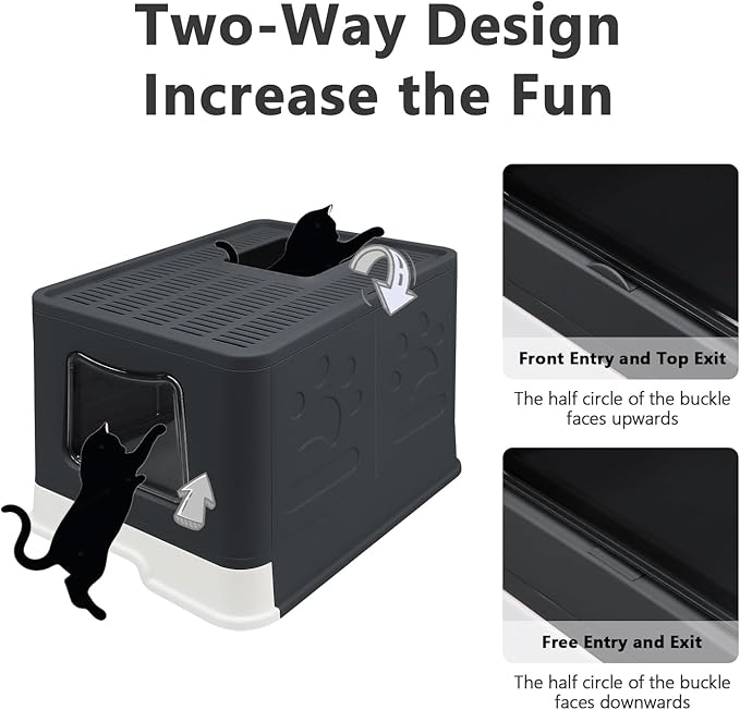 Foldable Cat Litter Box with Lid, Jumbo Enclosed Cat Potty, Top Entry Anti-Splashing Cat Toilet, Easy to Clean Including Cat Litter Scoop and 2-1 Cleaning Brush (Black) Extra Large