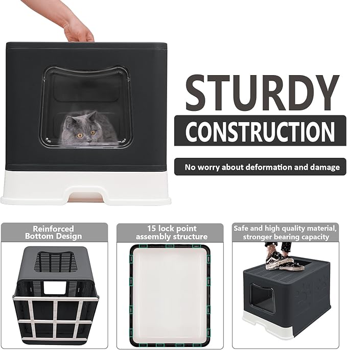 Foldable Cat Litter Box with Lid, Jumbo Enclosed Cat Potty, Top Entry Anti-Splashing Cat Toilet, Easy to Clean Including Cat Litter Scoop and 2-1 Cleaning Brush (Black) Extra Large