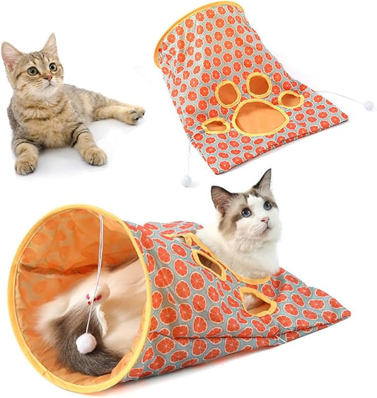 Cat Tunnel with Play Ball, Interactive Peek-a-Boo Cat Toys Cat Tube Toy, Orange Bag Tunnel