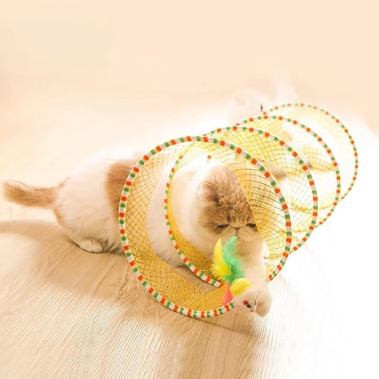 Cat Tunnels for Indoor Cats, Folded Upgrade Large Collapsible Cat Tube Tunnel with Feather Mouse Toys, Cat Tent Play Tunnel with Interactive Toy for Kitten and Cats, Exercise Cat Toys(Yellow)
