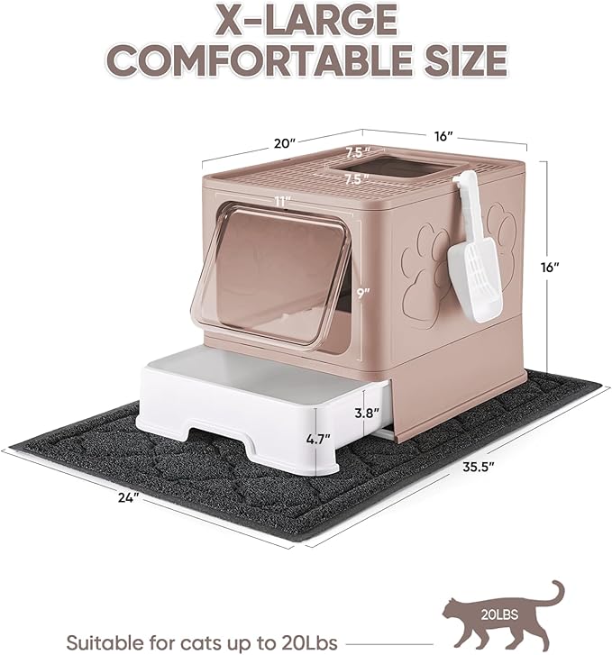 Cat Litter Box with X-Large Litter Mat and Scoop, Large Foldable Litter Box with Lid, Front Top Entry Exit Kitty Litter Box, Odor Control Easy Clean (Upgrade Coffee)