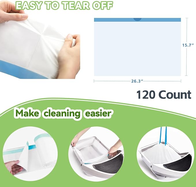 120 Count Waste Bags For Robot 4 and 3, Litter Box Liners For Automatic Cat Litter Box, Cat Litter Box Liners Waste Bags Replacement (26.3'' x 15.7'', 120 Count)