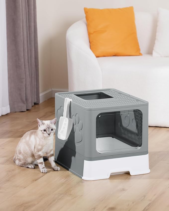 Enclosed Litter Box with Lid, X-Large Foldable Cat Litter Box, Covered Kitty Litter Box, Two-Way Entry and Exit Cat Box with Scoop, Odor Control, Easy to Clean(Grey)
