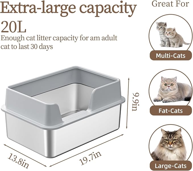 Stainless Steel Cat Litter Box with Lid,19.7”L x 13.8”W x 9.9”H Deep,Metal Litter Box with high Sides,with Litter Mat,Litter Scoop and Cat Toys,Non-Sticky,Anti-Leakage,No Smell,Easy Cleaning