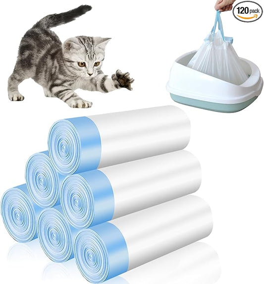 120 Pack Cat Litter Box Liners with Drawstring Cat Litter Bags Replacement Waste Bags for Litter Box Robot 3/4 Self-Cleaning Kitty Litter Box Trash Bags(25" x 15.7")