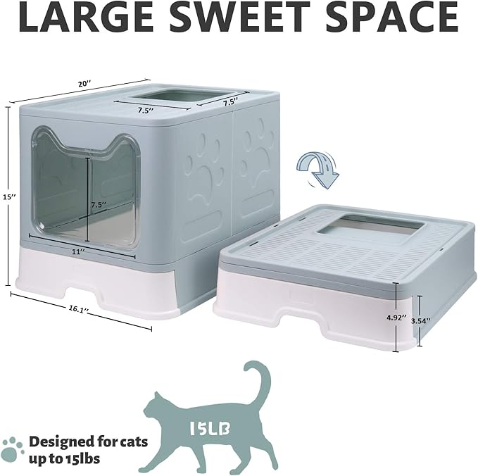Foldable Cat Litter Box with Lid, Enclosed Cat Potty, Top Entry Anti-Splashing Cat Toilet, Easy to Clean Including Cat Litter Scoop and 2-1 Cleaning Brush (Blue) Large