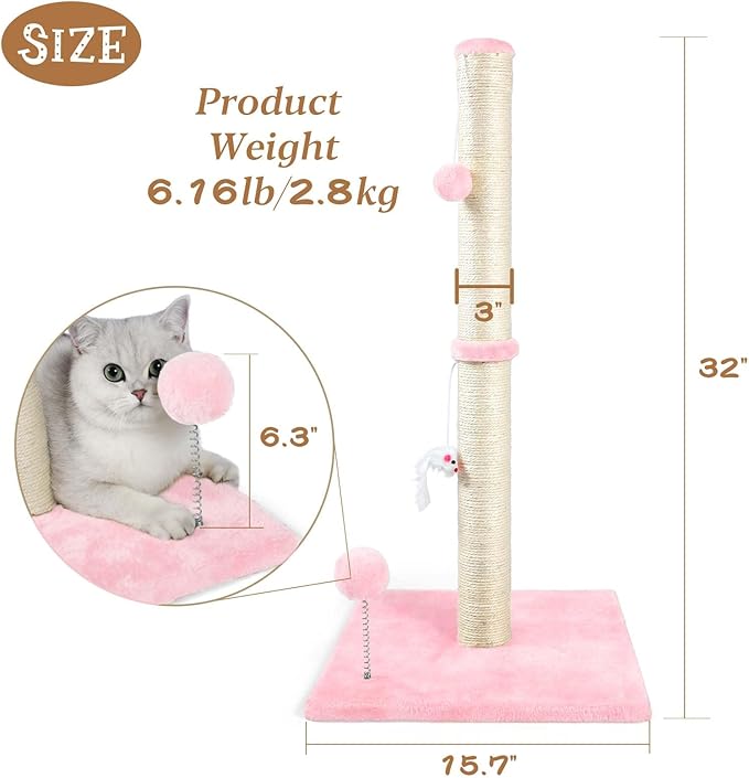 ANWA 32" Tall Cat Scratching Posts for Indoor Cats, 3-in-1 Cat Scratching Post with Plush Toys, Premium Sisal Post for Cats at All Ages with Reinforced Stable Base, Pink