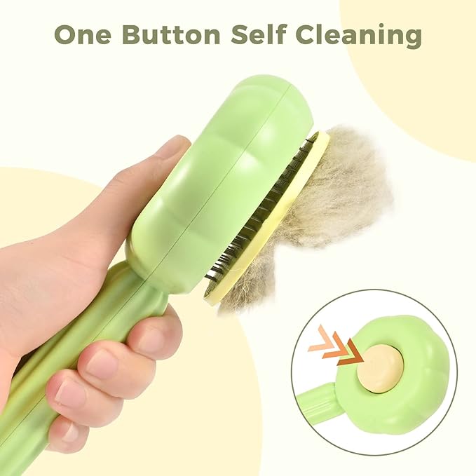 Sunflower Cat Brush for Shedding, Self Cleaning Cat Hair Brush, Pet Grooming Brush with Release Button for Short and Long Haired Cats Dogs (Green)