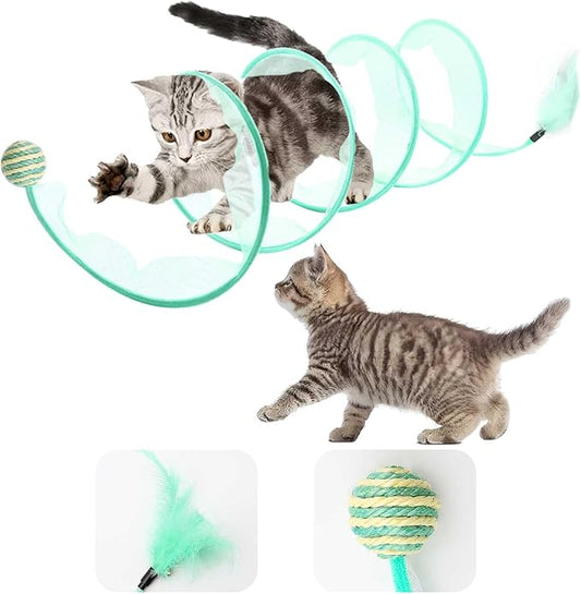 Cat Tunnel, 1PCS Folded Cat Tunnel Toy, Cyan Sisal Hemp Ball Tube Cat Springs for Indoor with Feather, Mouse Toys Interactive Cat Toy Tunnel Self-Happy Cat Toys, S-Type Collapsible Tent