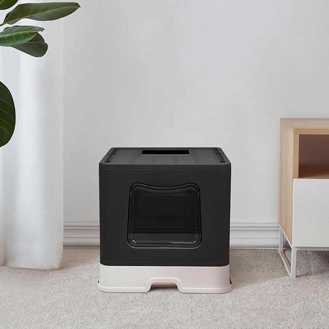 Foldable Cat Litter Box with Lid, Jumbo Enclosed Cat Potty, Top Entry Anti-Splashing Cat Toilet, Easy to Clean Including Cat Litter Scoop and 2-1 Cleaning Brush (Black) Extra Large
