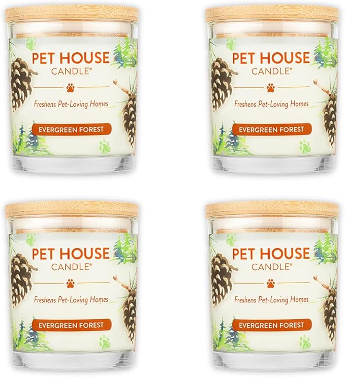 One Fur All Pet House Evergreen Forest Candles Plant-Based/Soy Candle - Clean Burning Scented Candles, Long Lasting Pet Odor Candle for Home - 4 Pack
