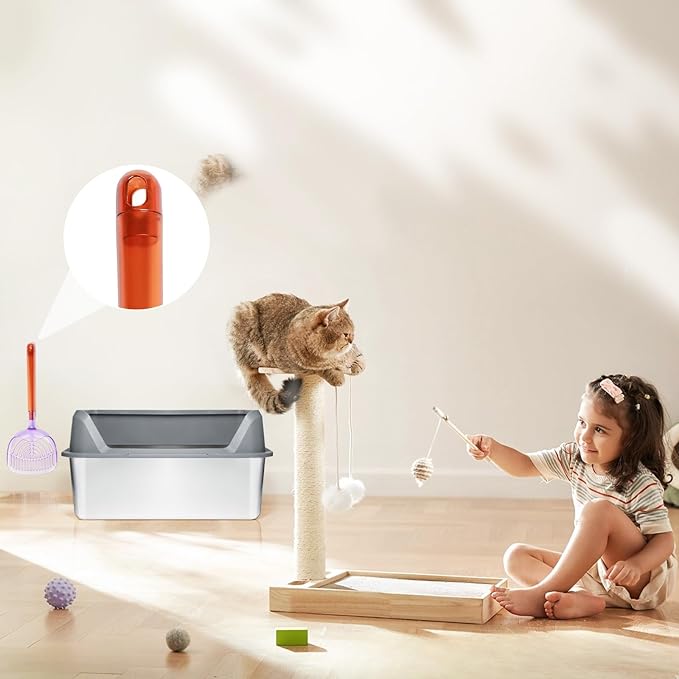 Stainless Steel Cat Litter Box with Lid,Large Litter Box with Side Entrance,Kitty Litter Pan High Sided,Anti-Urine Leakage,Easy to Clean,Included Scoop,Litter Mat&Fish Toys,Brush