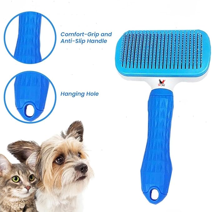 TAILTRAIL Dog Brush, Cat Brush&Comb, Pet Brush for Long and Short Hair, Pet Grooming Brush, Self-cleaning Slicker Brush Clean Pet Hair from Brush with One Button, Blue (FREE COMB GIFT)