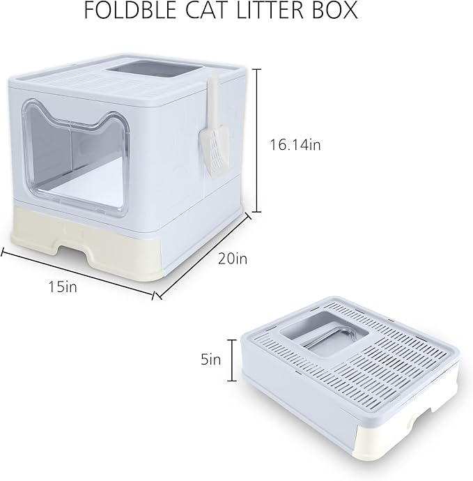 ROCCS Foldable Cat Litter Box with Lid,No Smell Large Top Entry Litter Box with Cat Litter Scoop,Covered Drawer Type Kitty Potty,Including Fur Brush & Cleaning Glove,Grey 20" x 16" x 15"