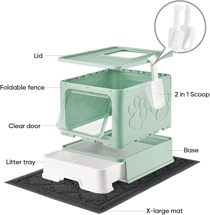 Cat Litter Box with X-Large Litter Mat and Scoop, Large Foldable Litter Box with Lid, Front Top Entry Exit Kitty Litter Box, Odor Control Easy Clean (Upgrade Green)