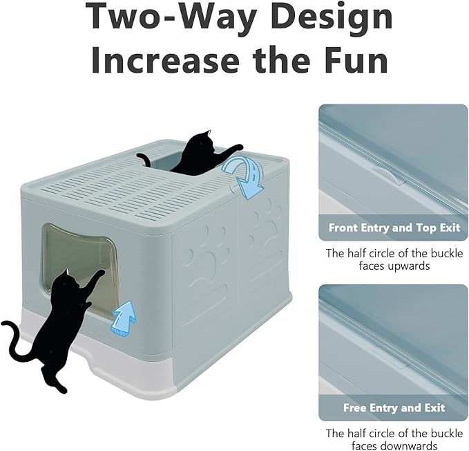 Foldable XL Cat Litter Box with Lid, Jumbo Enclosed Cat Potty, Top Entry Anti-Splashing Cat Toilet, Easy to Clean Including Cat Litter Scoop and 2-1 Cleaning Brush (Blue) Extra Large