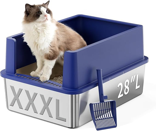Extra Large 28" x 20" Litter Box Pan for Big Cats Maine Ragdoll Metal Large Enclosed Stainless Steel Litterbox with Lid Litter Scoop Blue, Non-Sticky, Anti-Leakage, Easy Cleaning