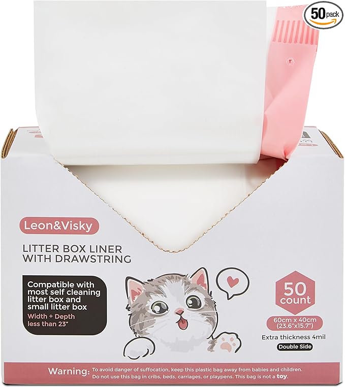 Leon&Visky Litter Box Liner With Drawstring, 50 Count, Compatible with Litter-Robot 4 and Litter-Robot 3, Heavy Duty Extra Thickness 2 mil