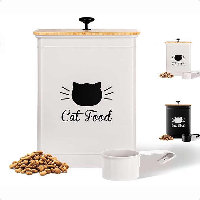 Cat Food Storage Container with Scoop - 25 Cup Capacity White Cat Food Container with Airtight Bamboo Lid - Metal Cat Food Bin - Cat Food Holder Storage - Pet Food Storage Container - Kibble Container
